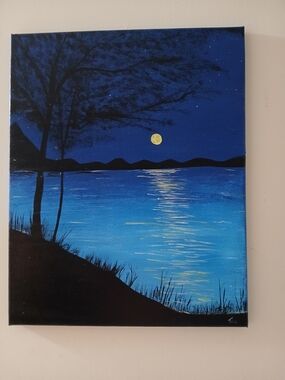 Canvas Wall Art- Blue and Yellow Moonlit Lake Painting